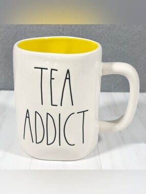 RAE DUNN TEA ADDICT Coffee Mug LL White Cup Magenta Yellow